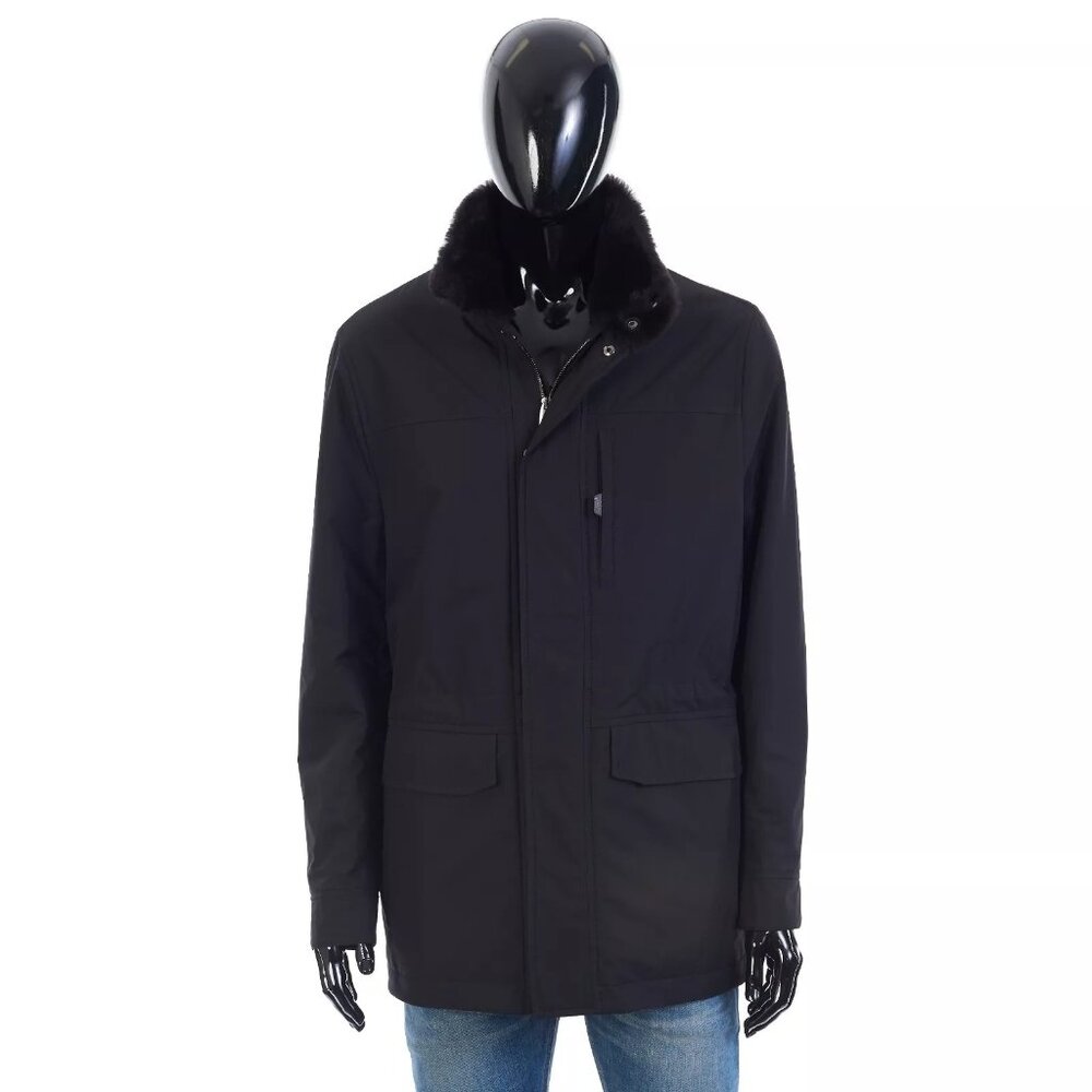 BRIONI 5250$ Black Silk Performa Field Jacket, Cashmere Lining, Shearling Collar